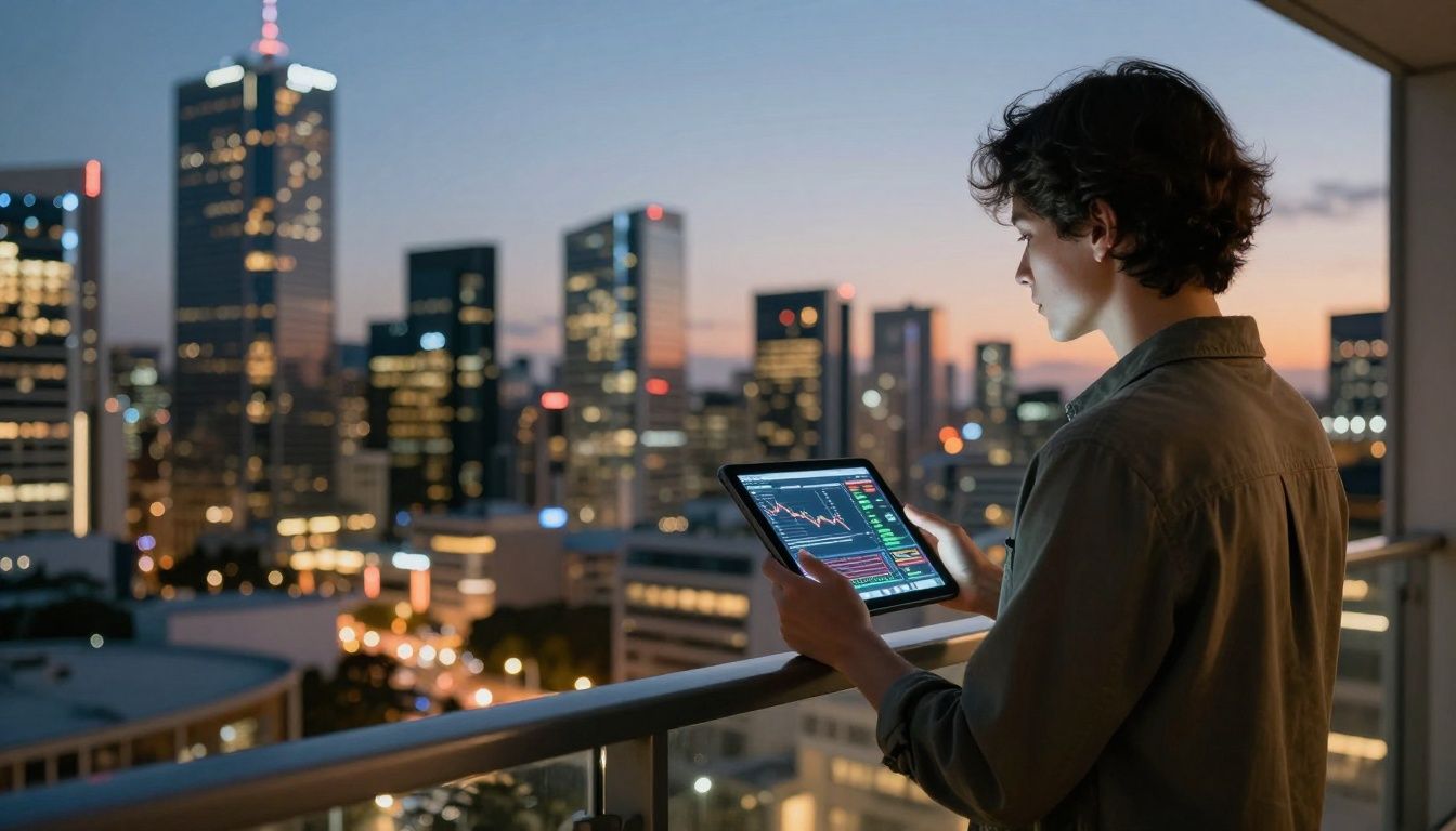 High earner contemplating city skyline with financial data.