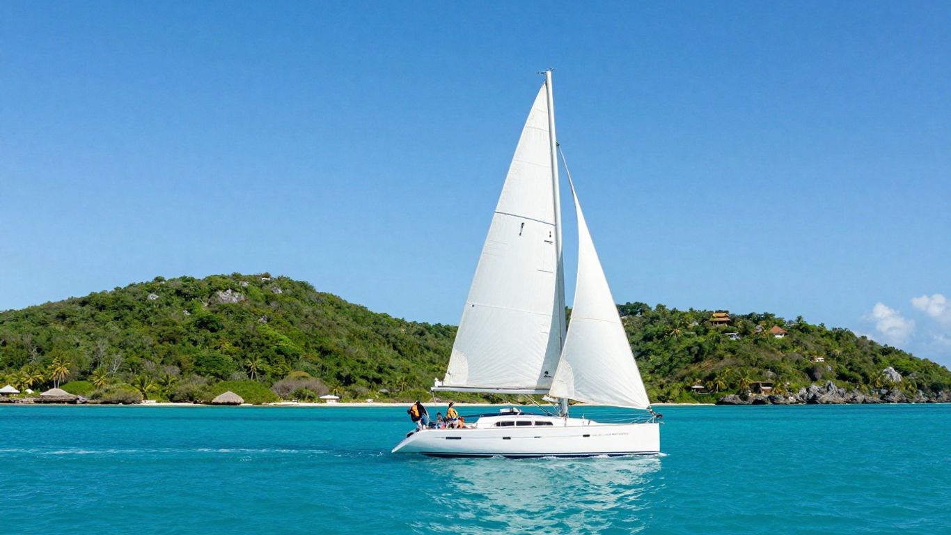 Sailboat on turquoise Caribbean water near Antigua.