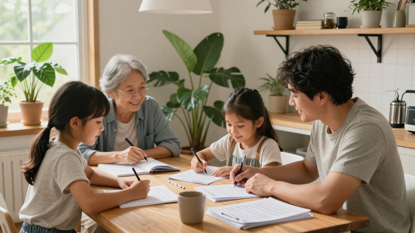 Familia feliz en casa con finanzas organizadas.