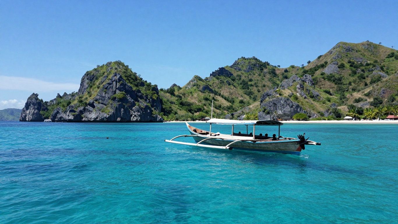 Boat sailing turquoise waters near Komodo Island.
