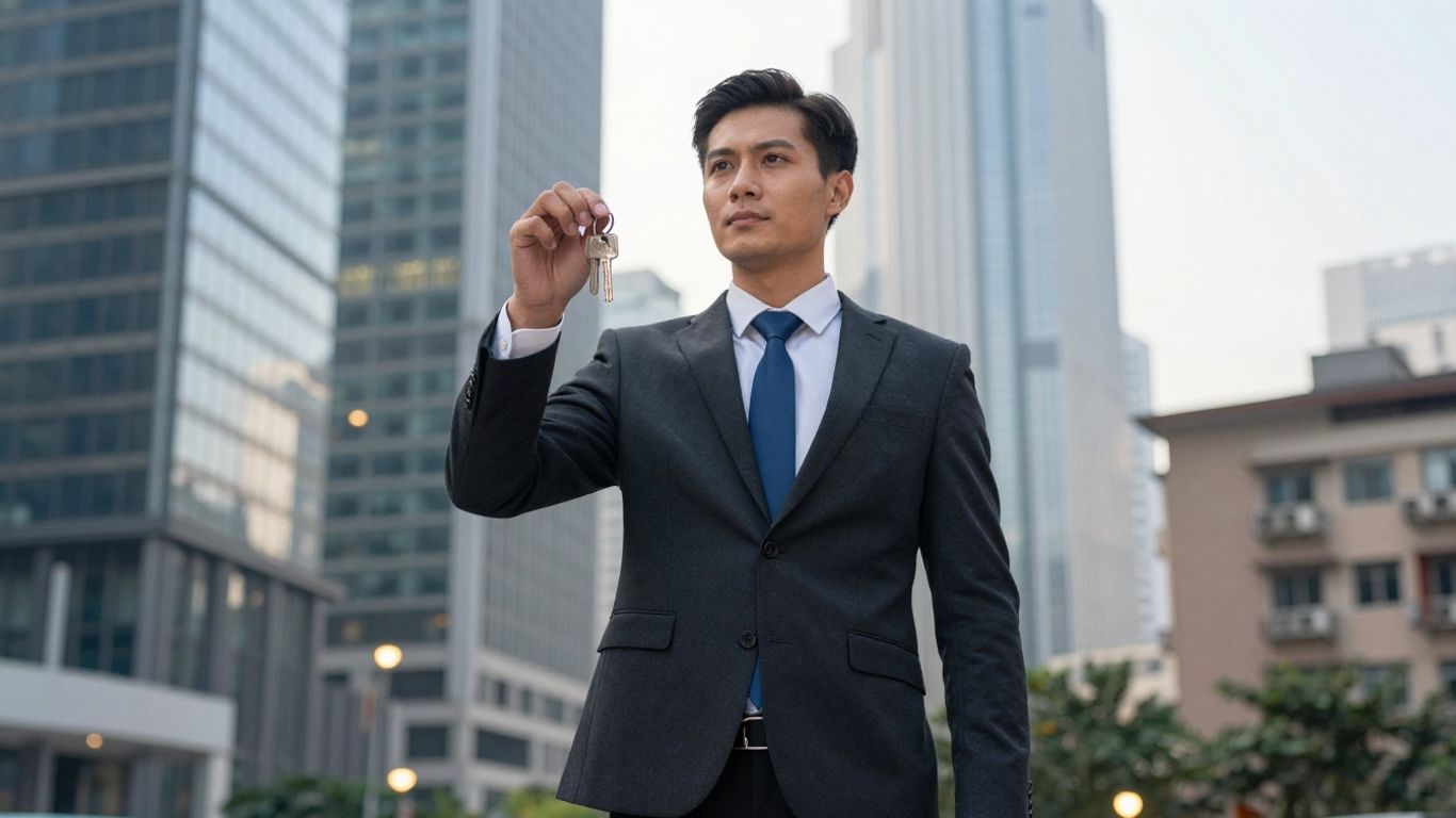 Real estate agent with keys in front of city skyline.