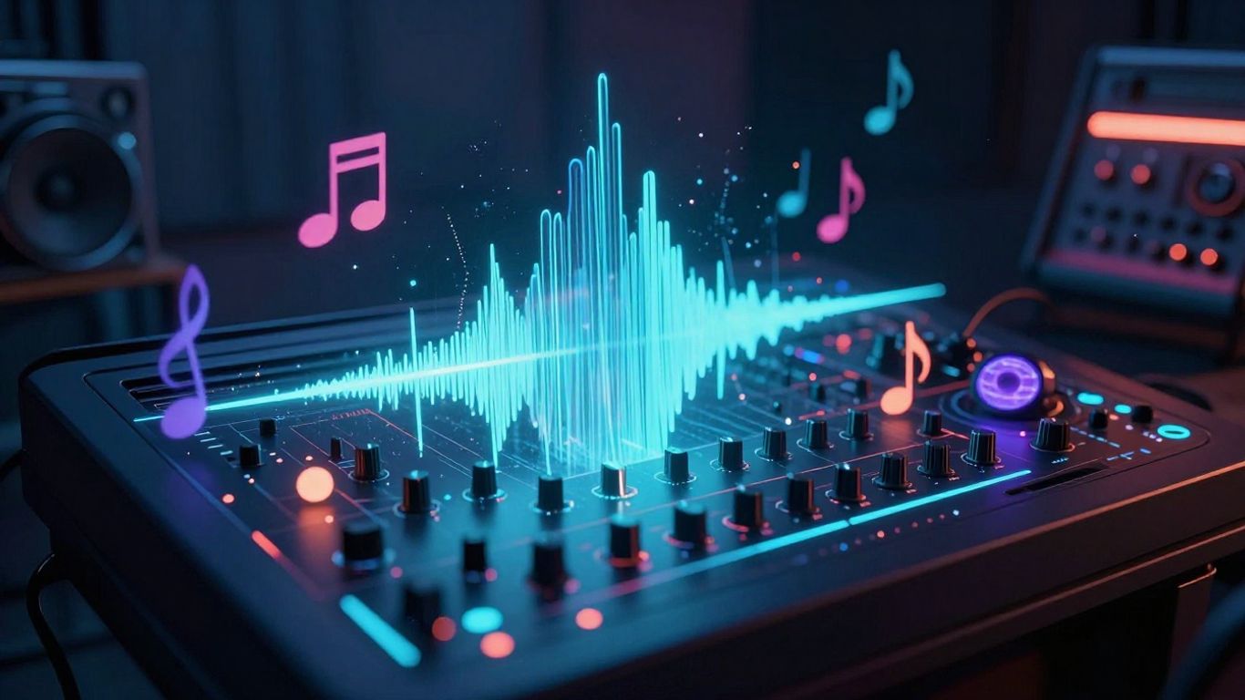 AI music creation interface with glowing sound waves.