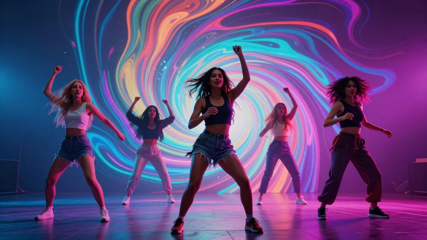 AI music video with dancers and abstract visuals.
