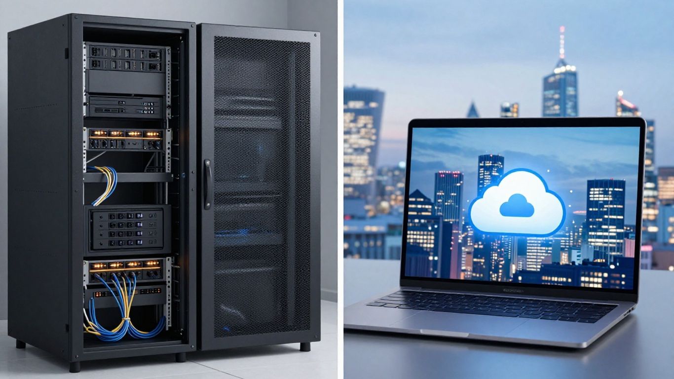 Split image: server room vs cloud computing with UK skyline.