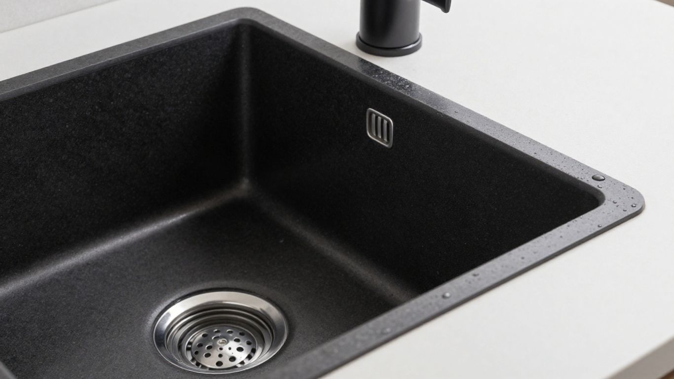 Modern granite kitchen sink with water droplets.