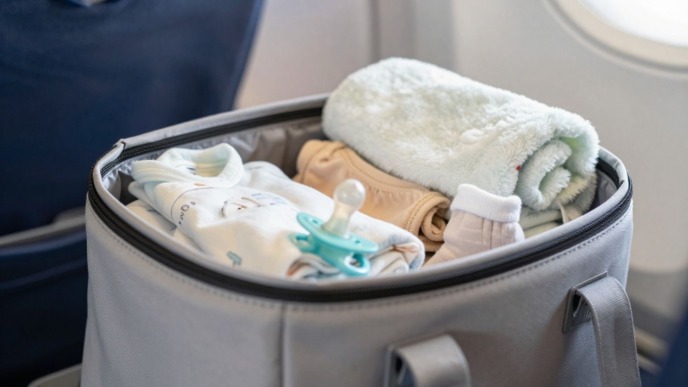 Diaper bag with baby clothes for plane travel.
