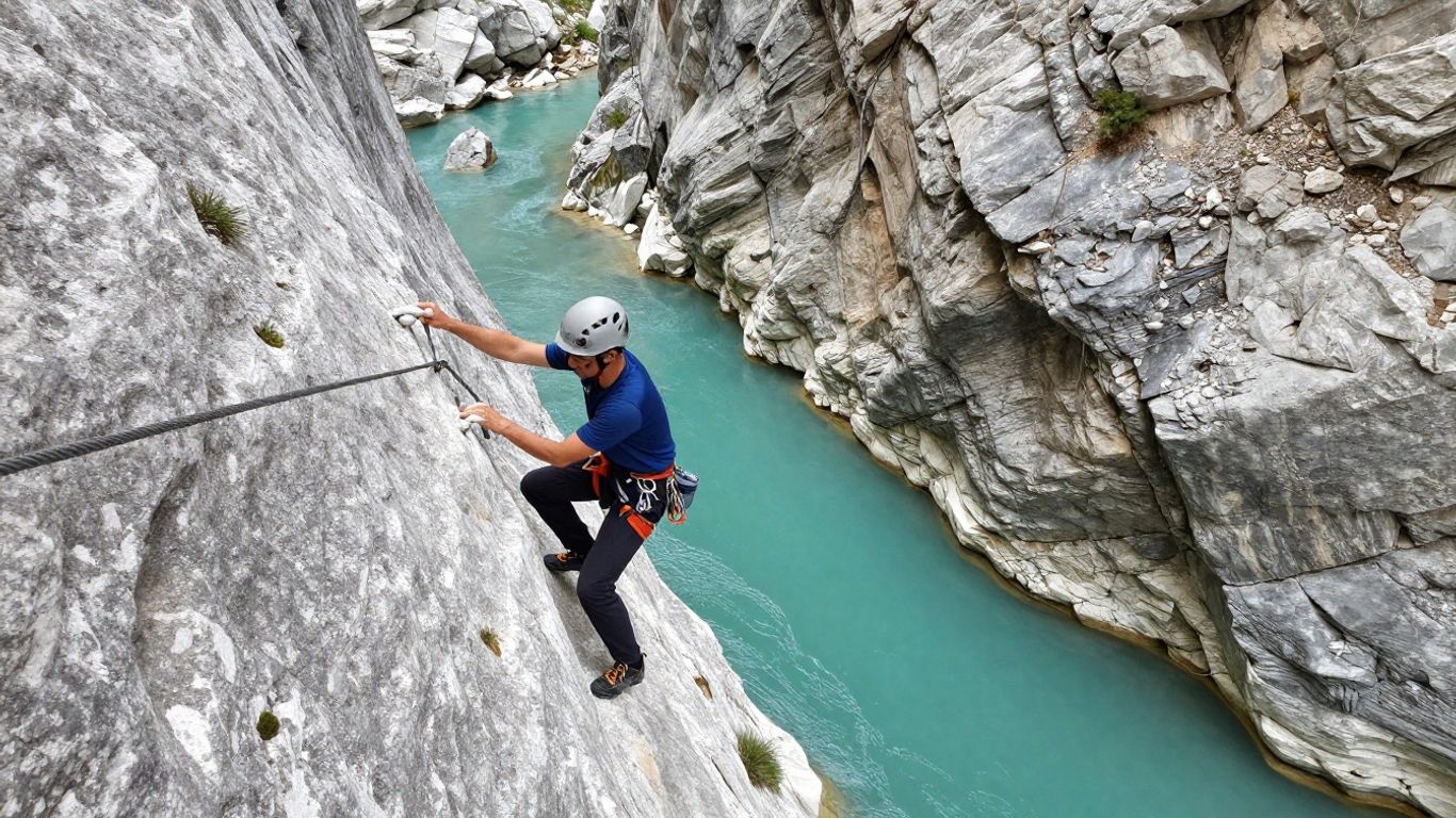 Climber traversing Verdon limestone above turquoise river