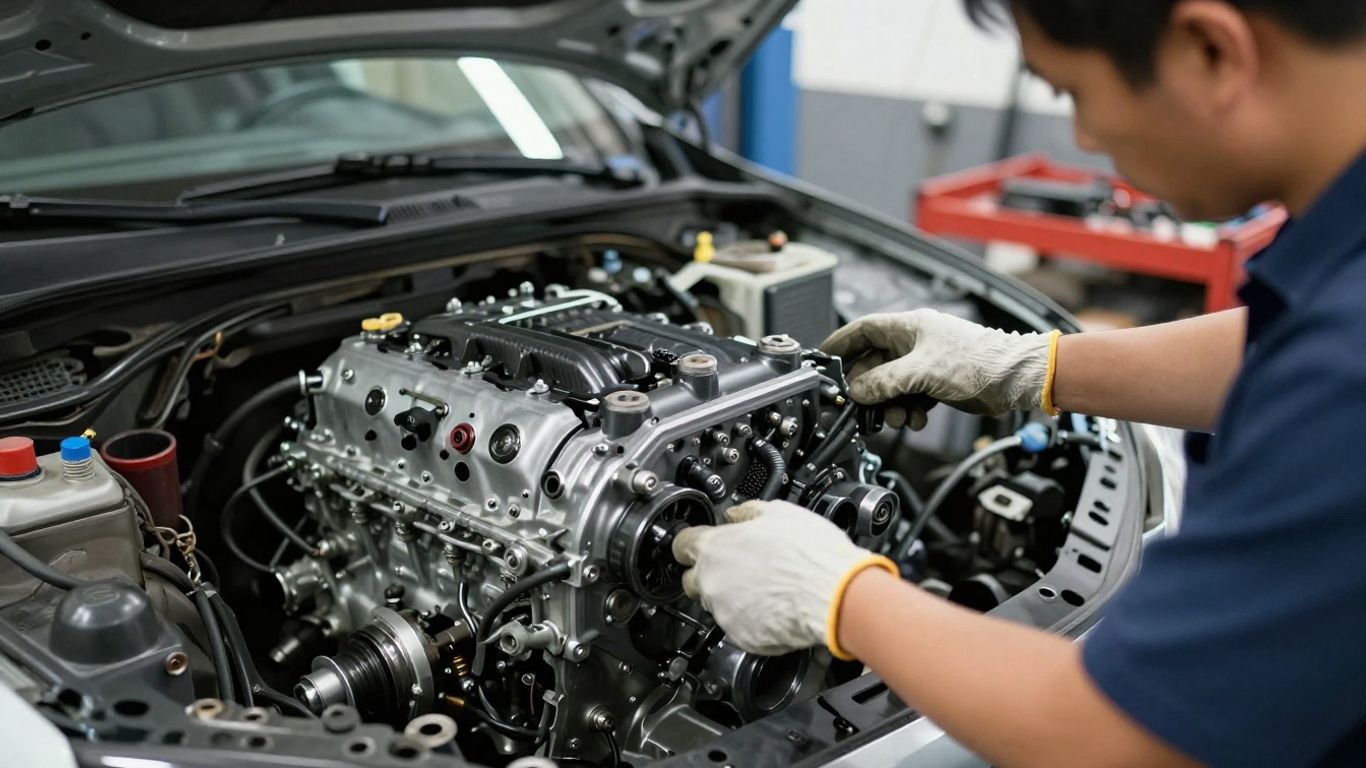 Technician installing replacement engine in modern workshop
