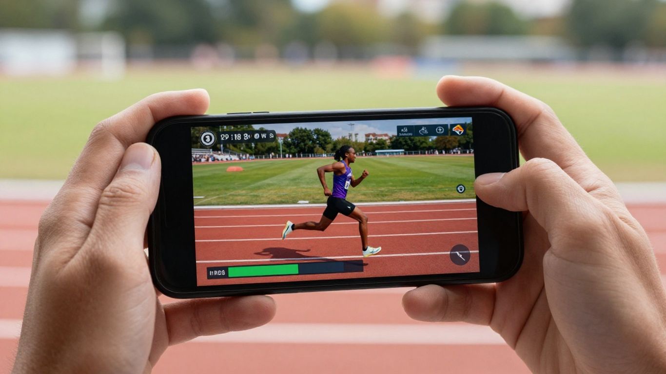 Smartphone showing race data with blurred athletic background.
