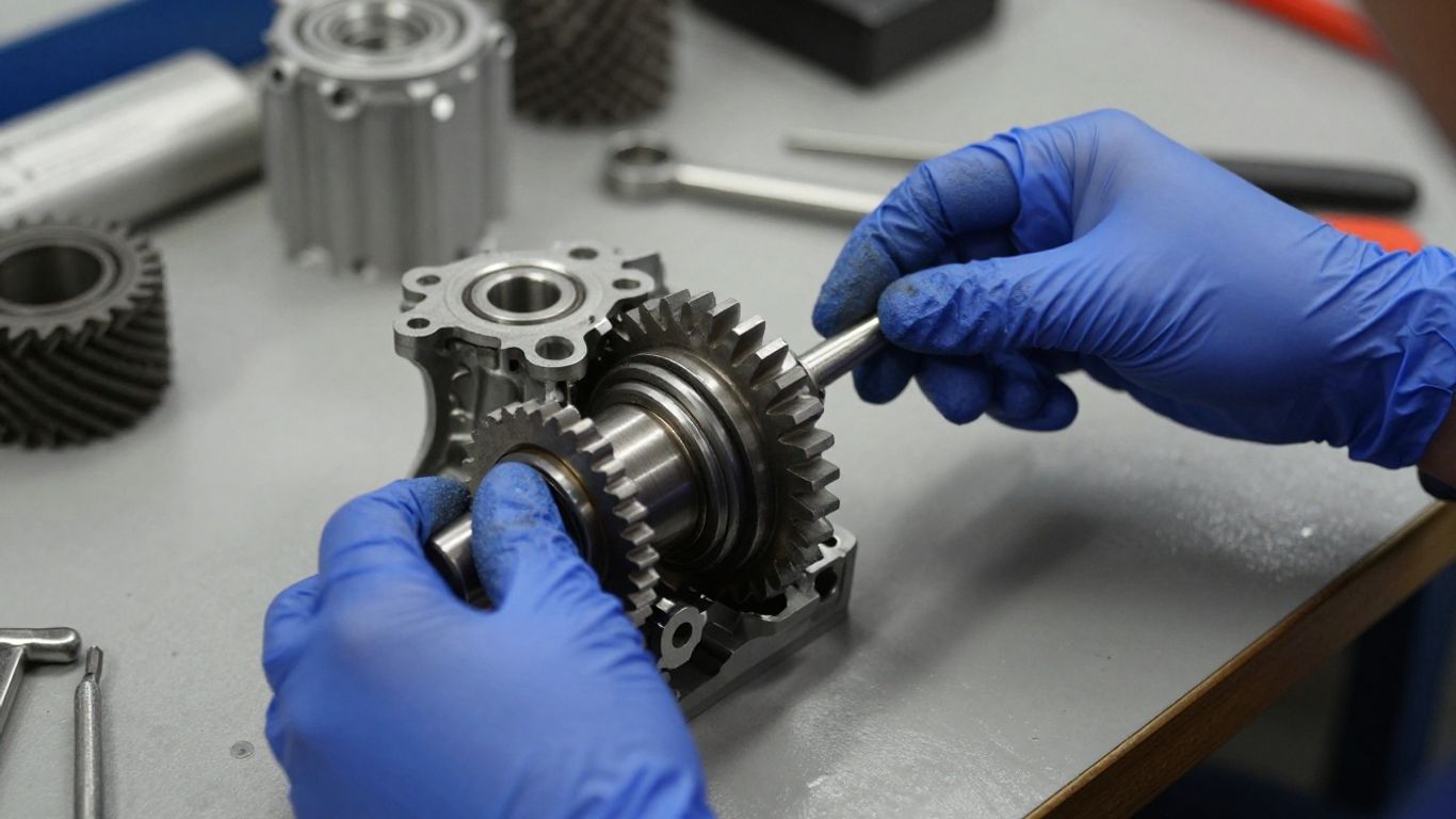 Technician inspecting gearbox components