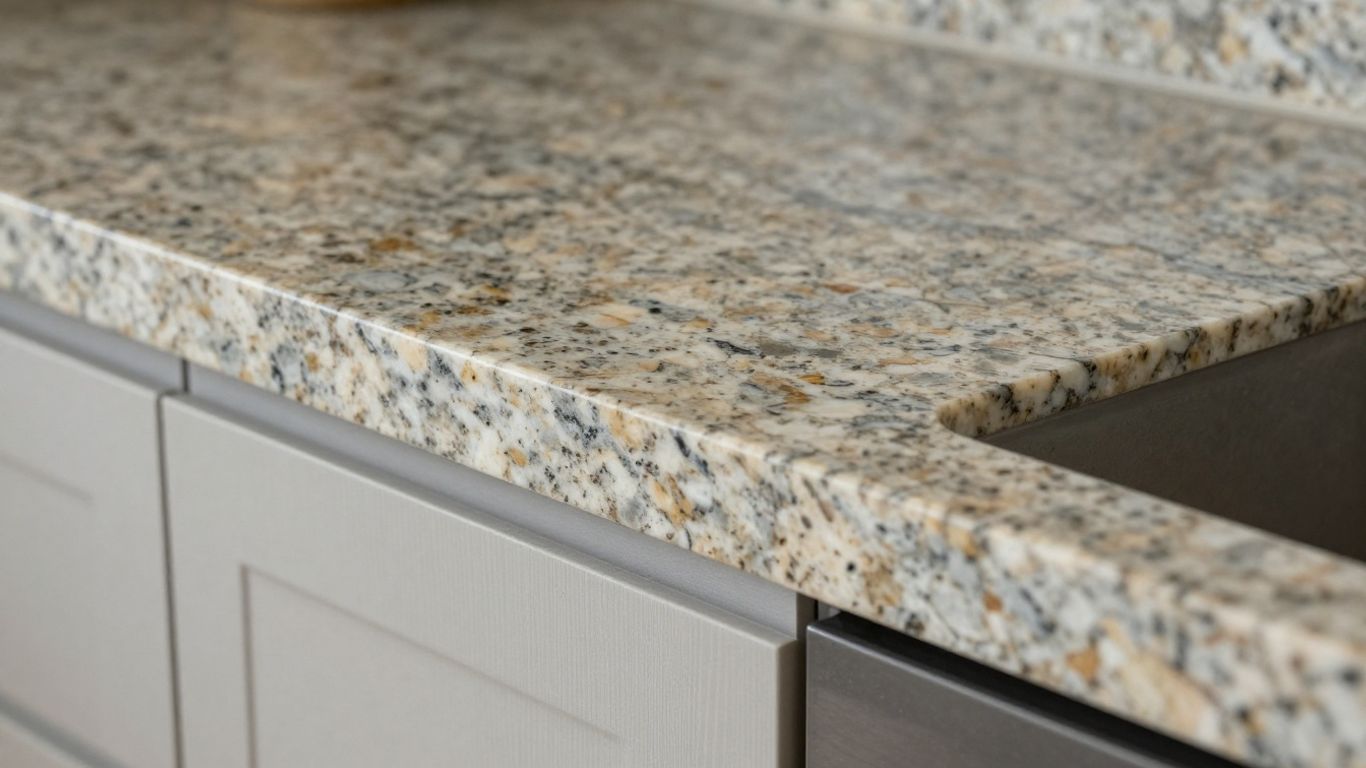 Polished granite kitchen worktop with natural veining.