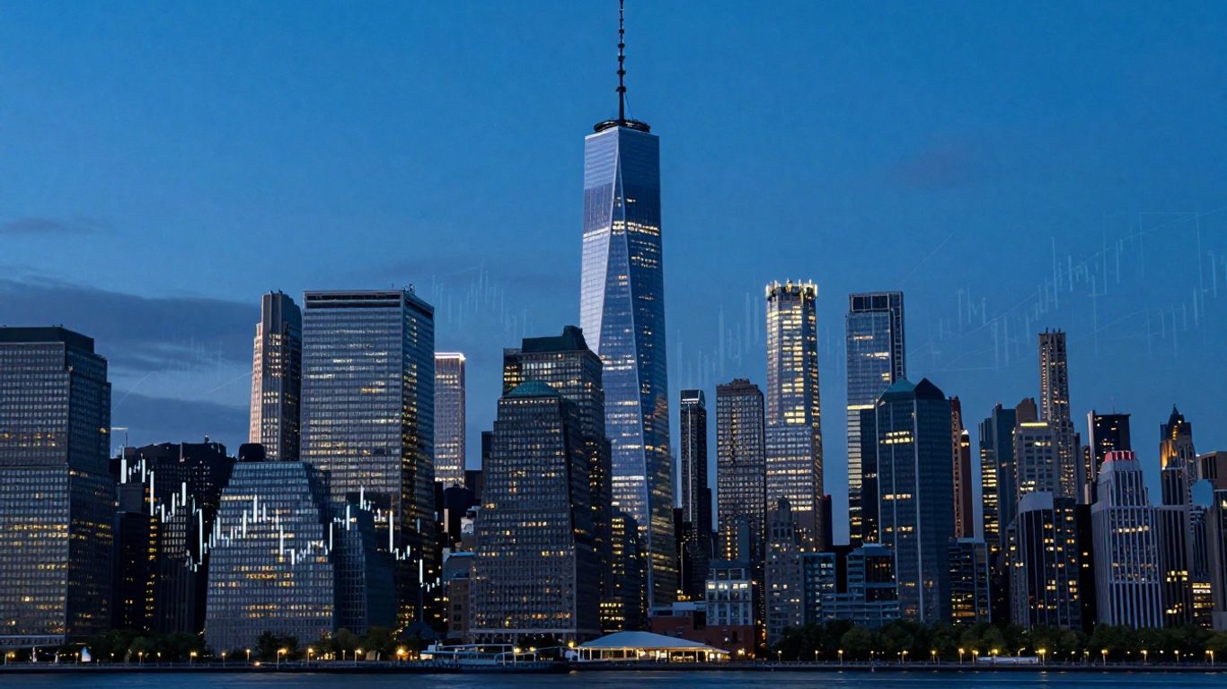 New York City skyline with financial chart overlay.