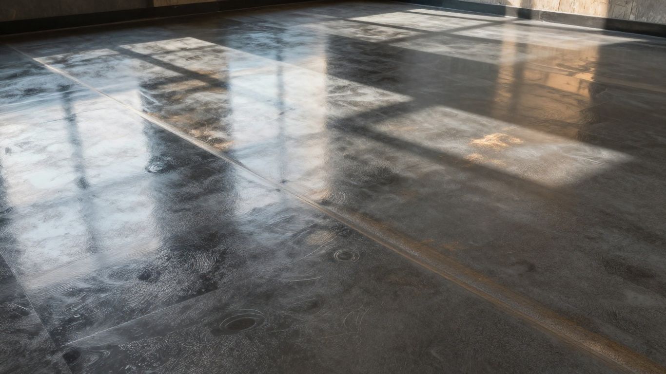 Modern metallic flake epoxy floor reflecting light.
