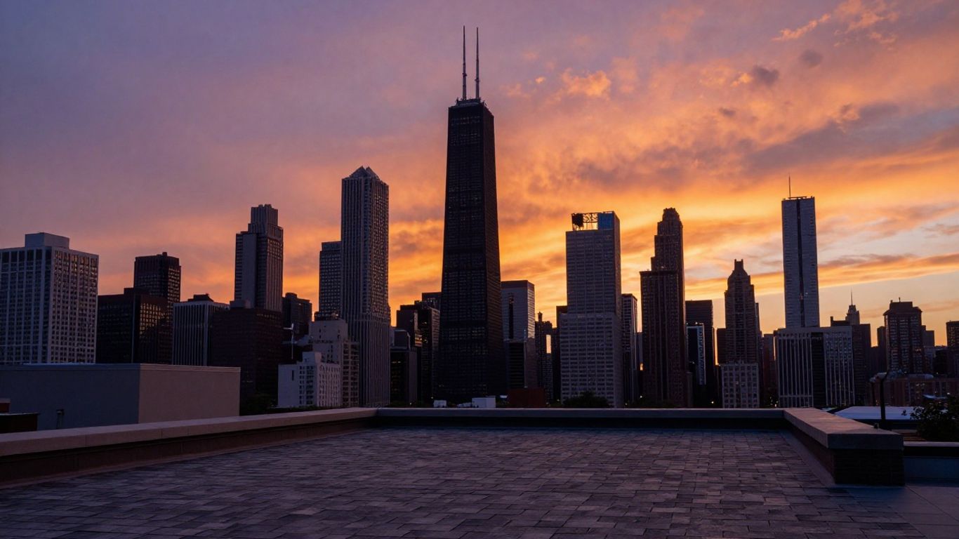 Chicago skyline with a rooftop in the foreground.