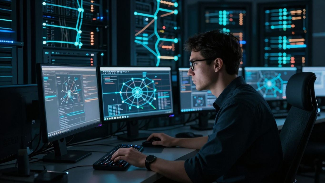 IT professional managing firewall security on screens