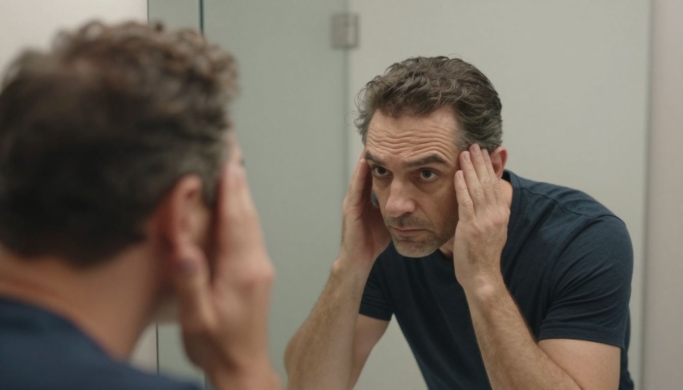 A thoughtful man in his 40s looking at his reflection in a bathroom mirror, closely examining his hairline with a serious but calm expression.