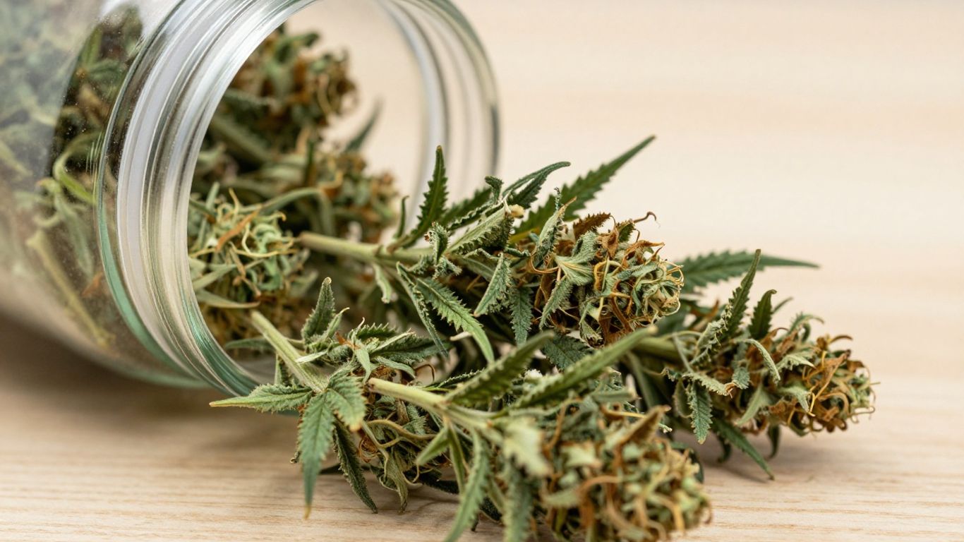 Dried cannabis flower buds in storage.