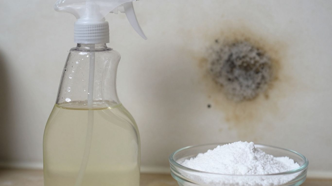 Homemade mold killer spray bottle with ingredients.