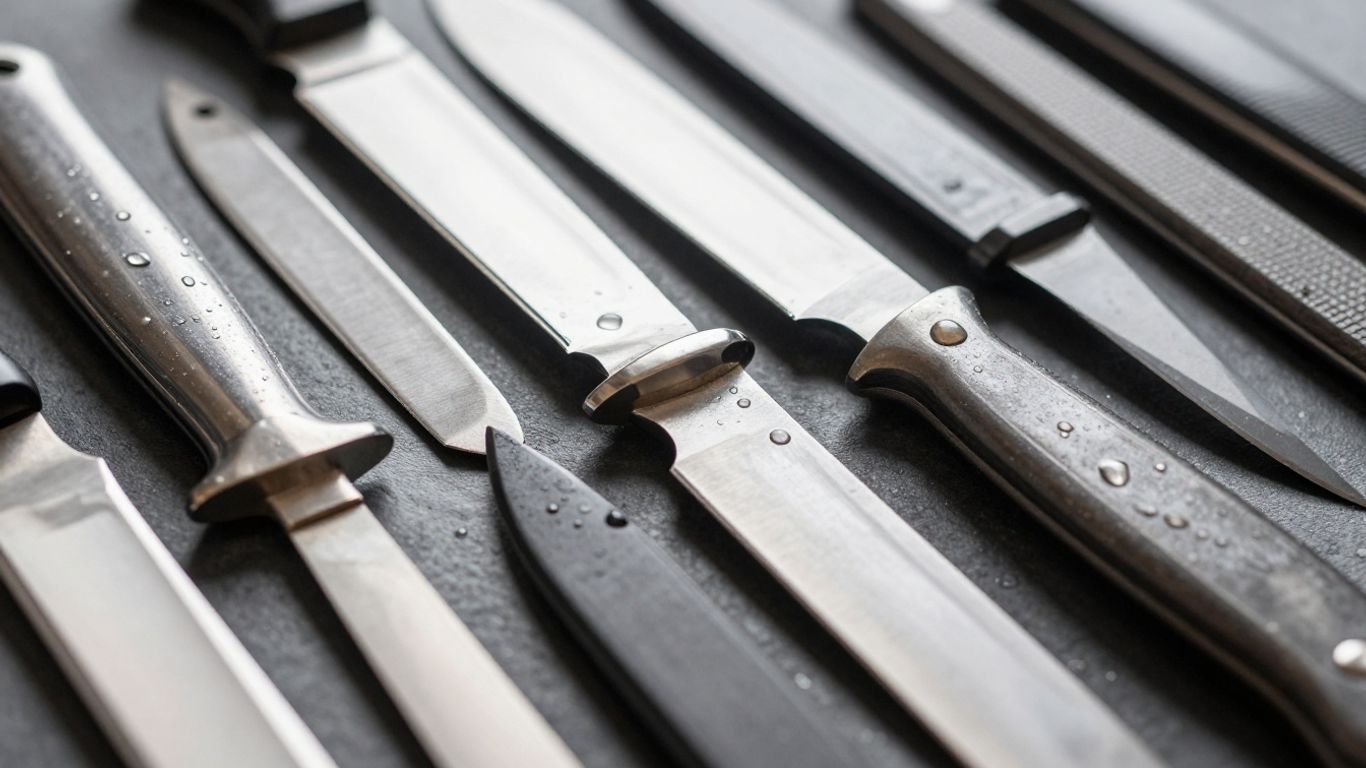 Knife blades with different finishes and water droplets.