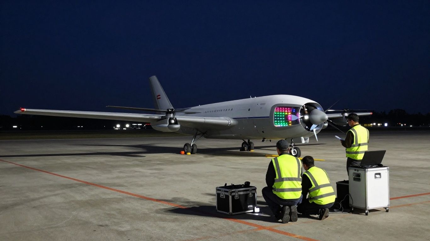 Illuminated drones assembled across an open launch field