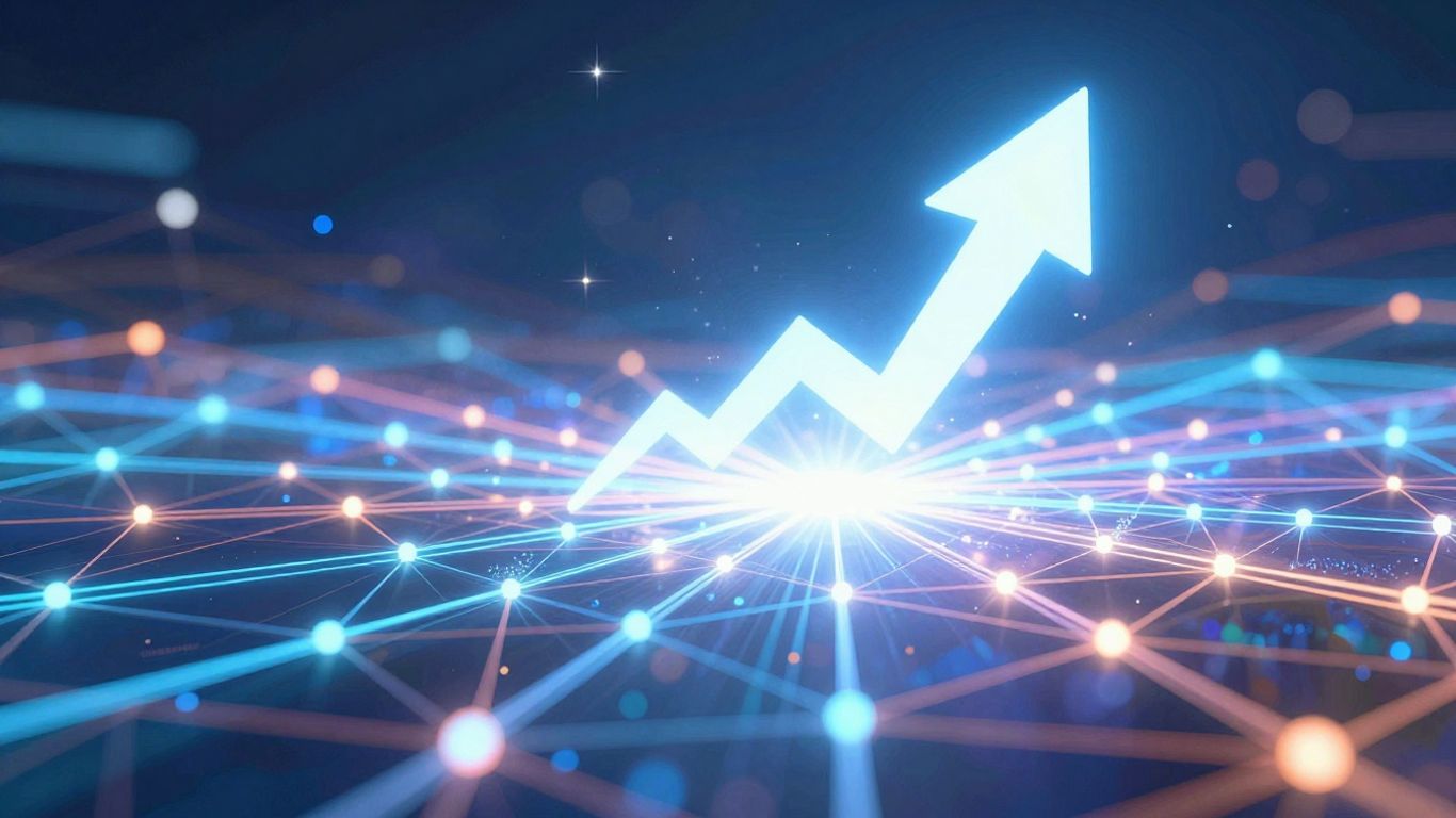 Abstract digital network with upward trending arrow.