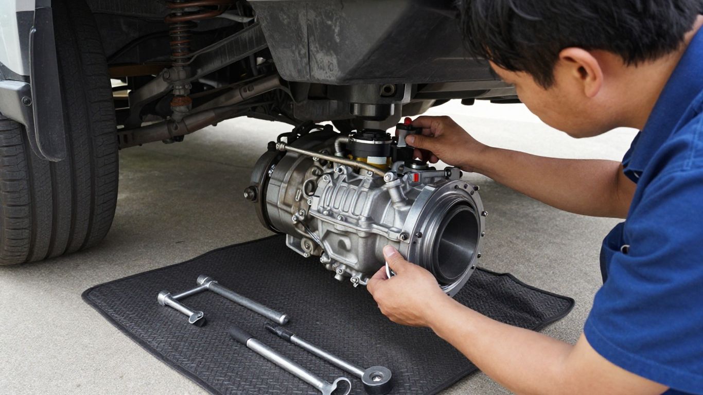 Transmission technician inspecting vehicle underneath