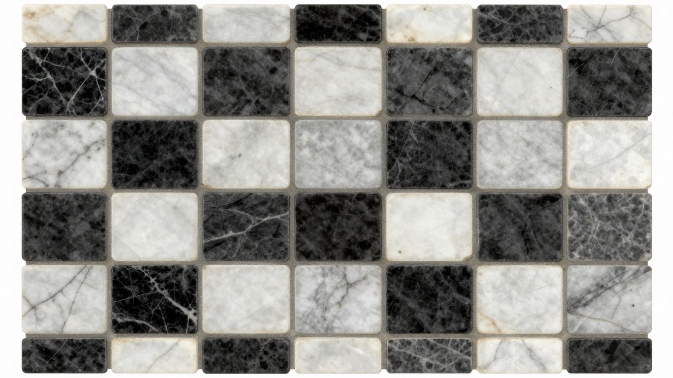 Tumbled checkerboard marble tiles in a sketch illustration.