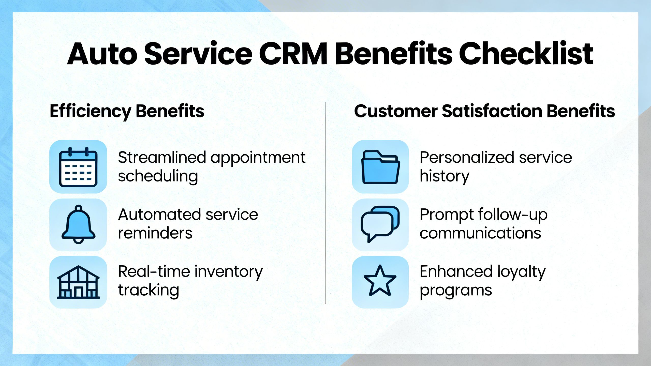 Checklist graphic showing benefits of an auto service crm for a repair business, including efficiency and customer satisfaction