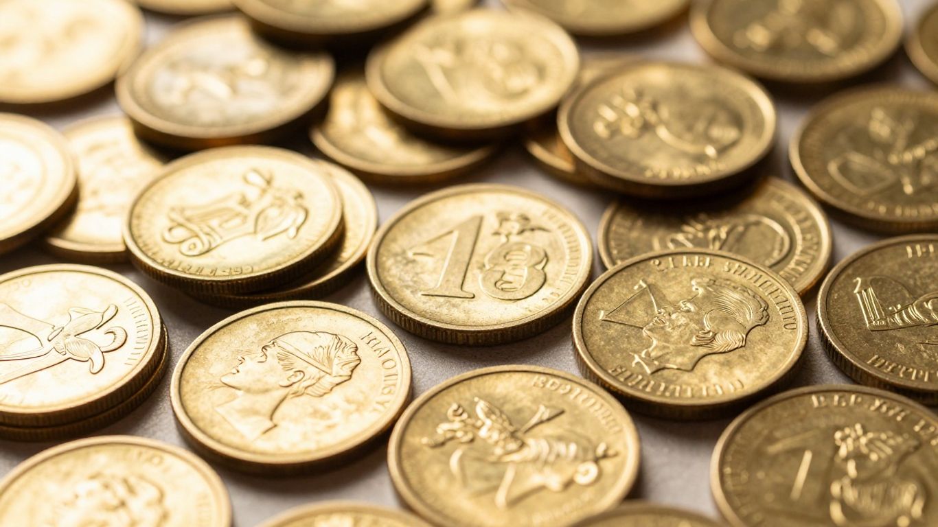 Ein Berg glänzender Goldmünzen und -barren.