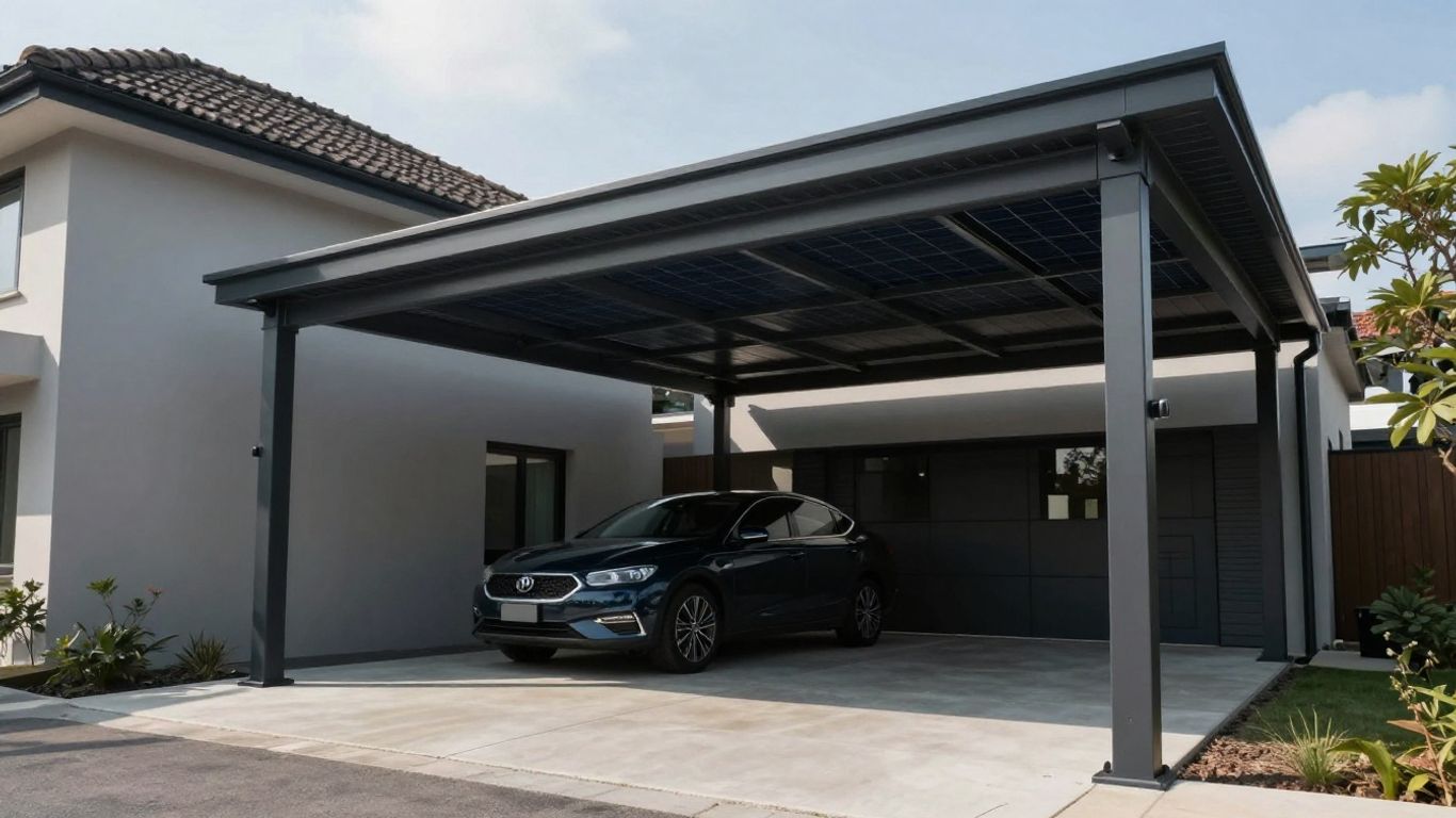 Carport solar moderno con paneles fotovoltaicos en una casa.