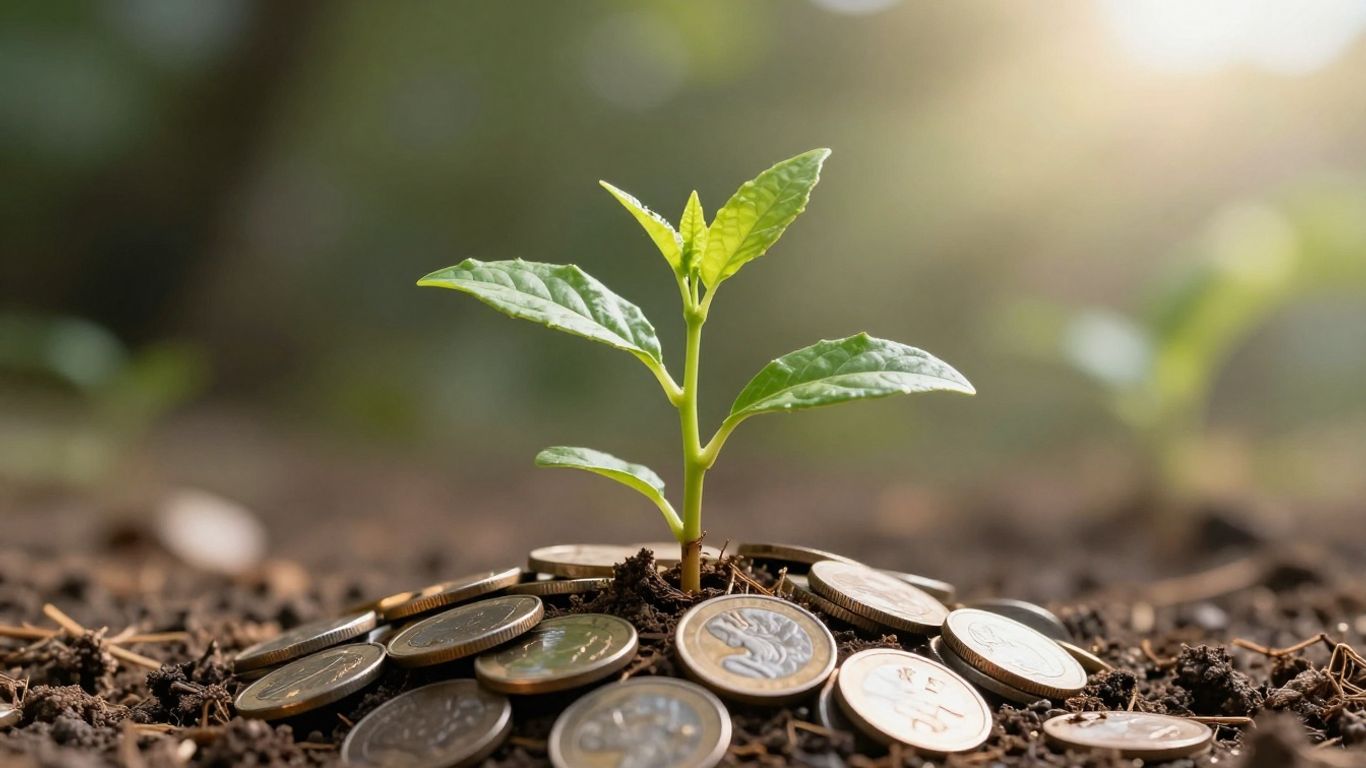 Plante verte poussant sur des pièces, symbolisant l'économie.