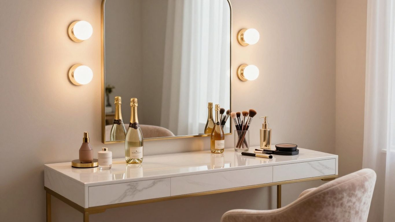 Luxurious dressing suite with vanity mirror and champagne.