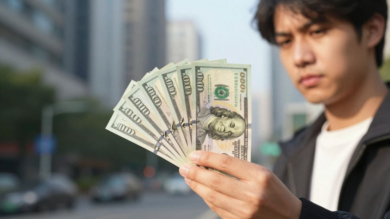Persona exitosa con dinero y un fondo urbano.
