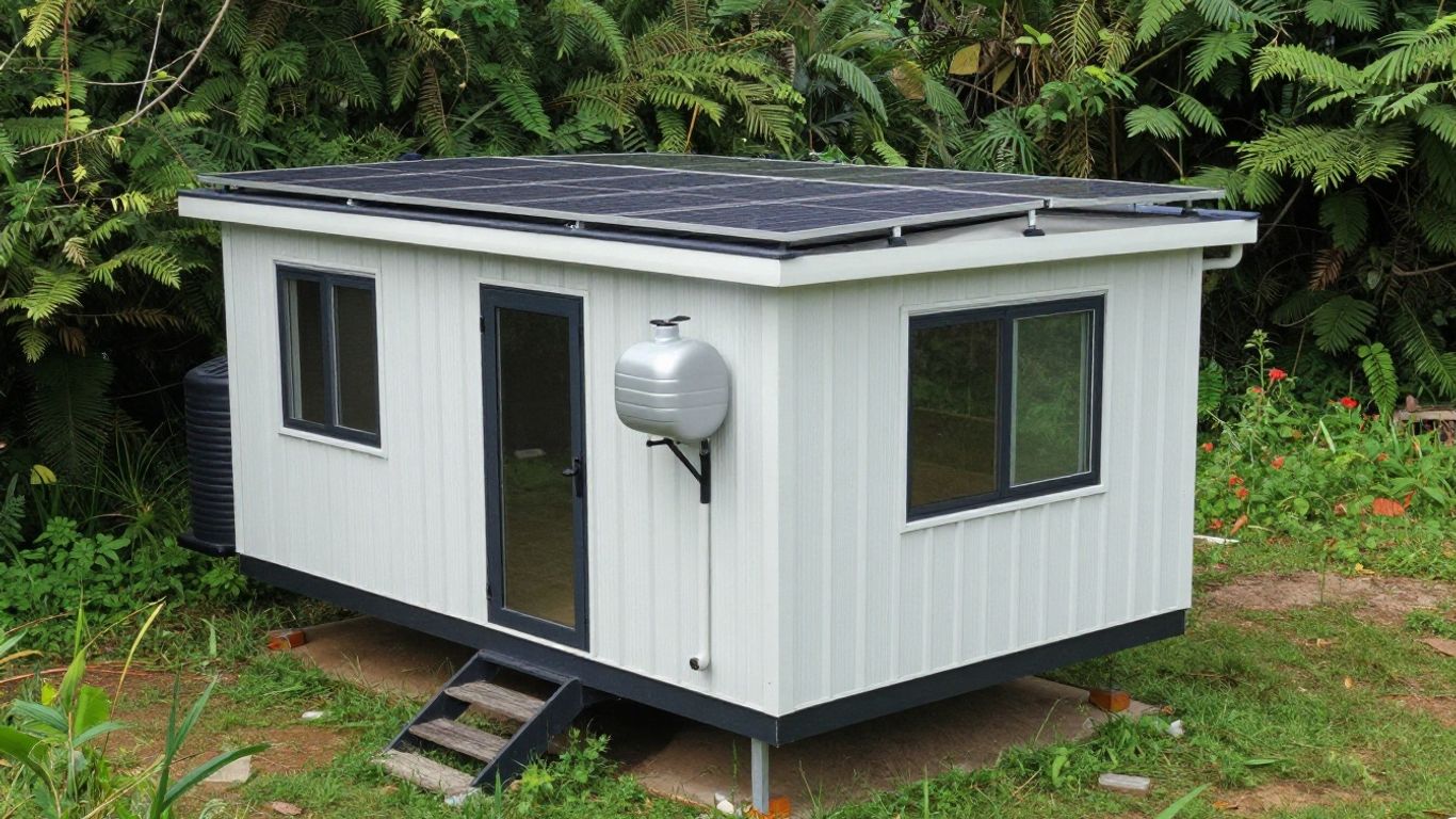 Tiny house with solar panels and water tank.