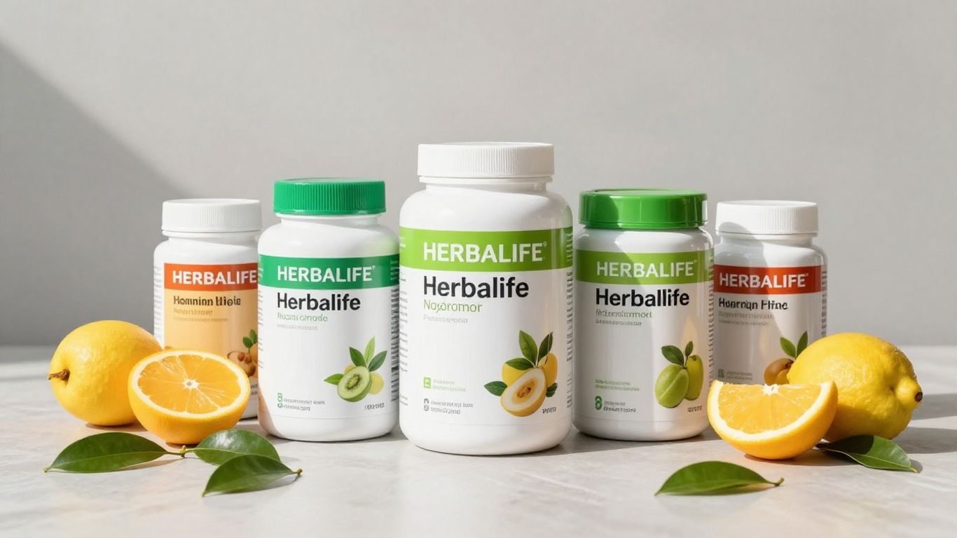 Herbalife products with fresh fruits and leaves.