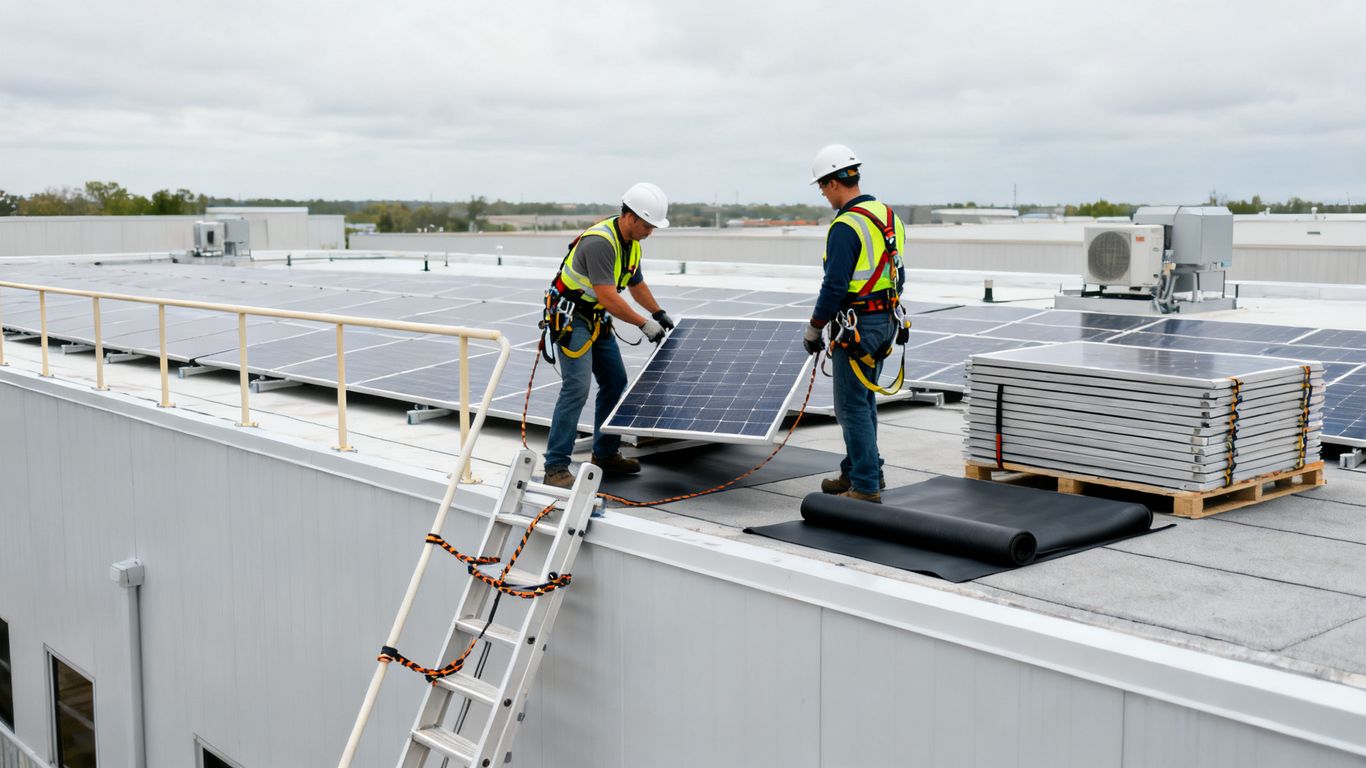Techniciens sécurisant un toit plat solaire