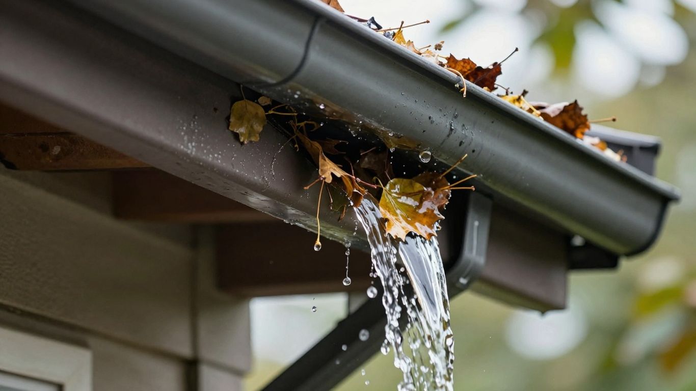 Clogged gutter overflowing with water and debris.