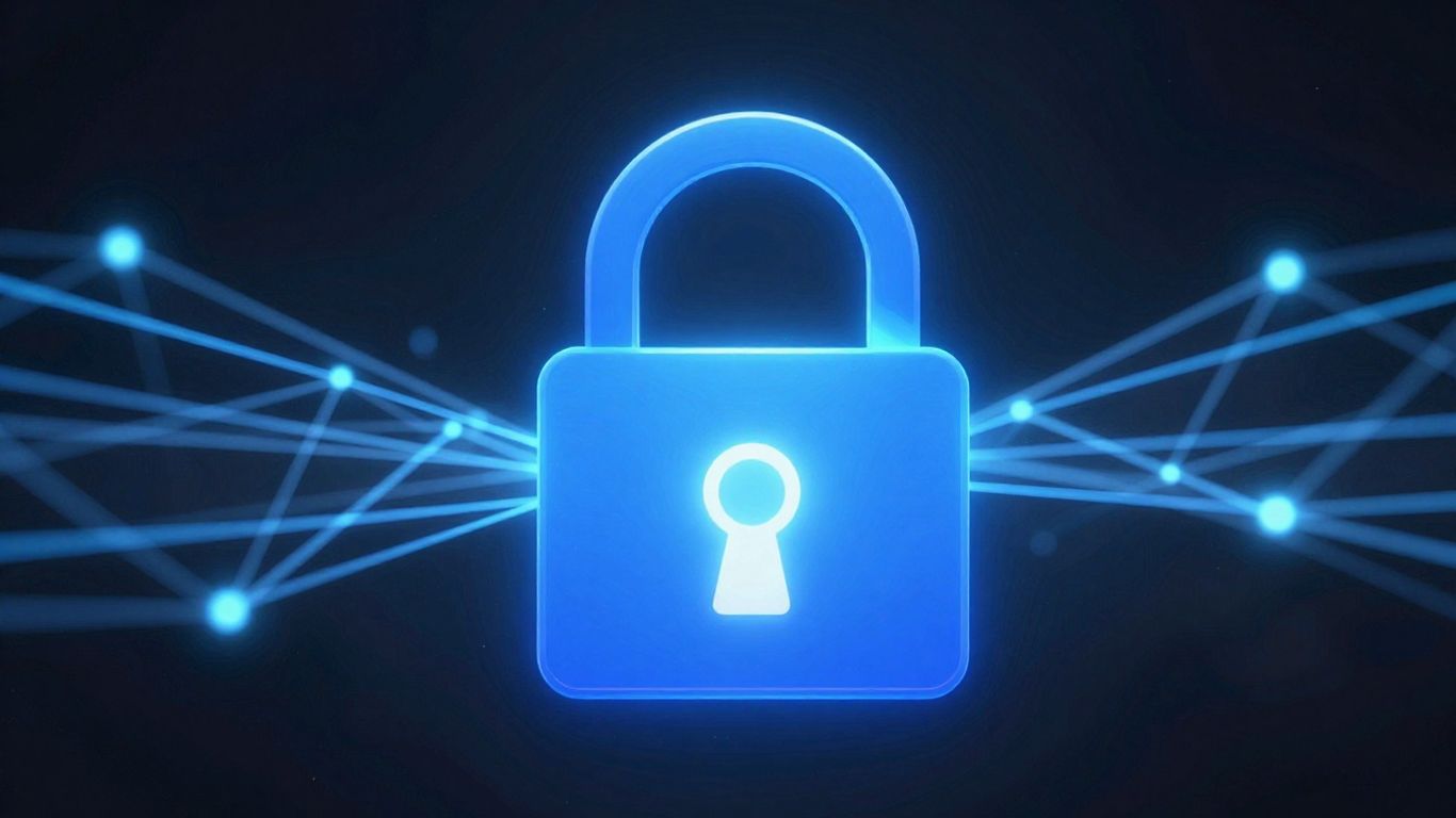 Digital padlock icon on a network background.