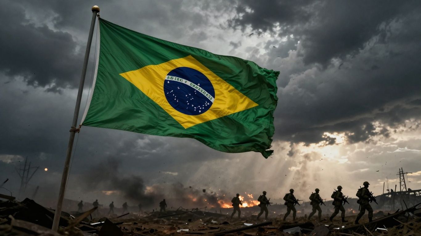 Bandeira do Brasil em céu de guerra.