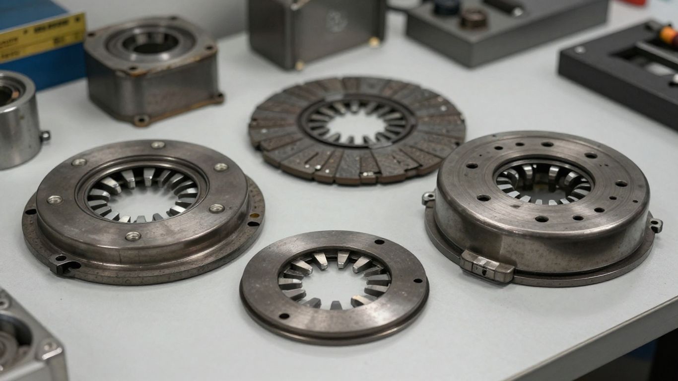Used Chery clutch components arranged on workbench