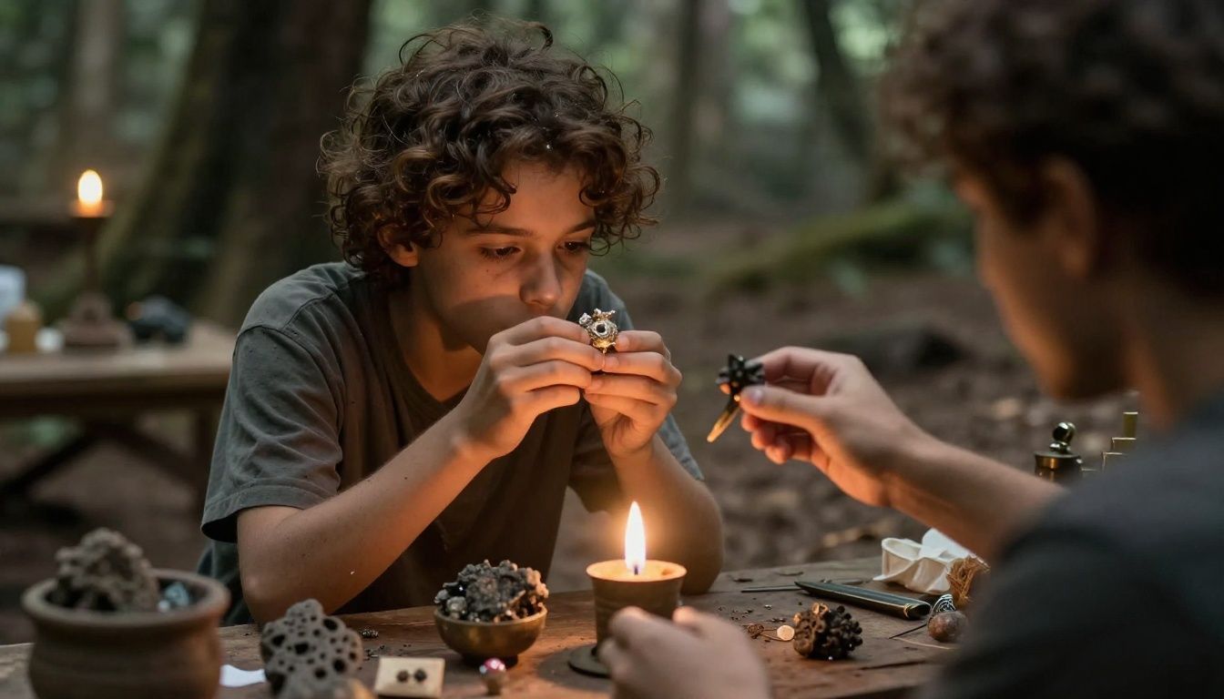 Um jogador explorando uma caverna iluminada com tochas e coletando minérios preciosos em um ambiente subterrâneo