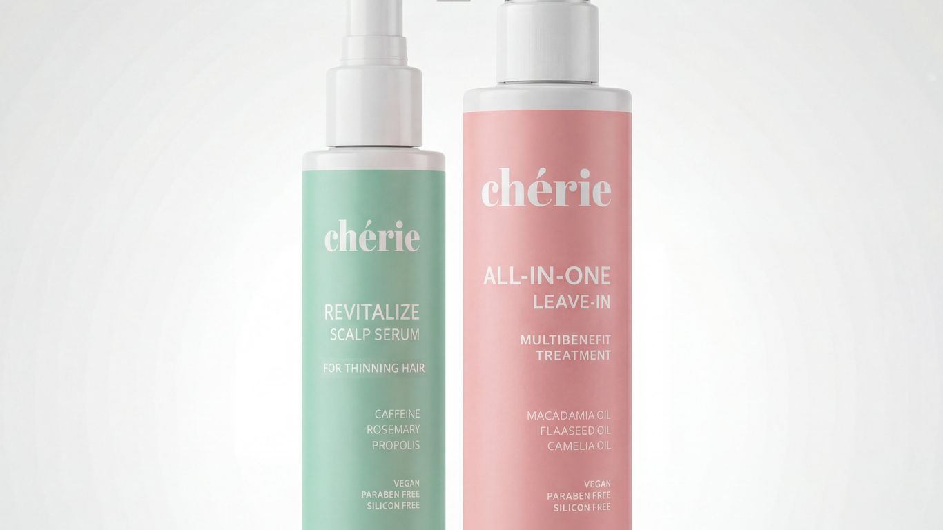 Two bottles of Cherie hair products: scalp serum and leave-in treatment.