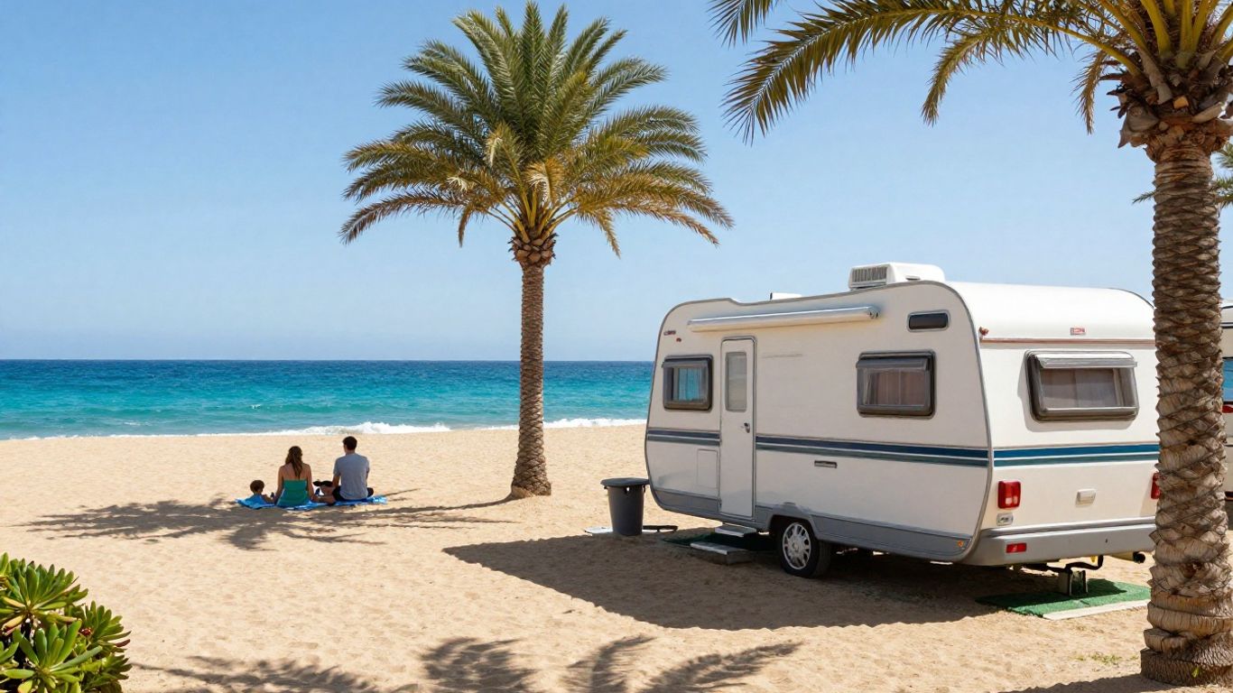 Caravan park by the ocean with beach and palm trees.