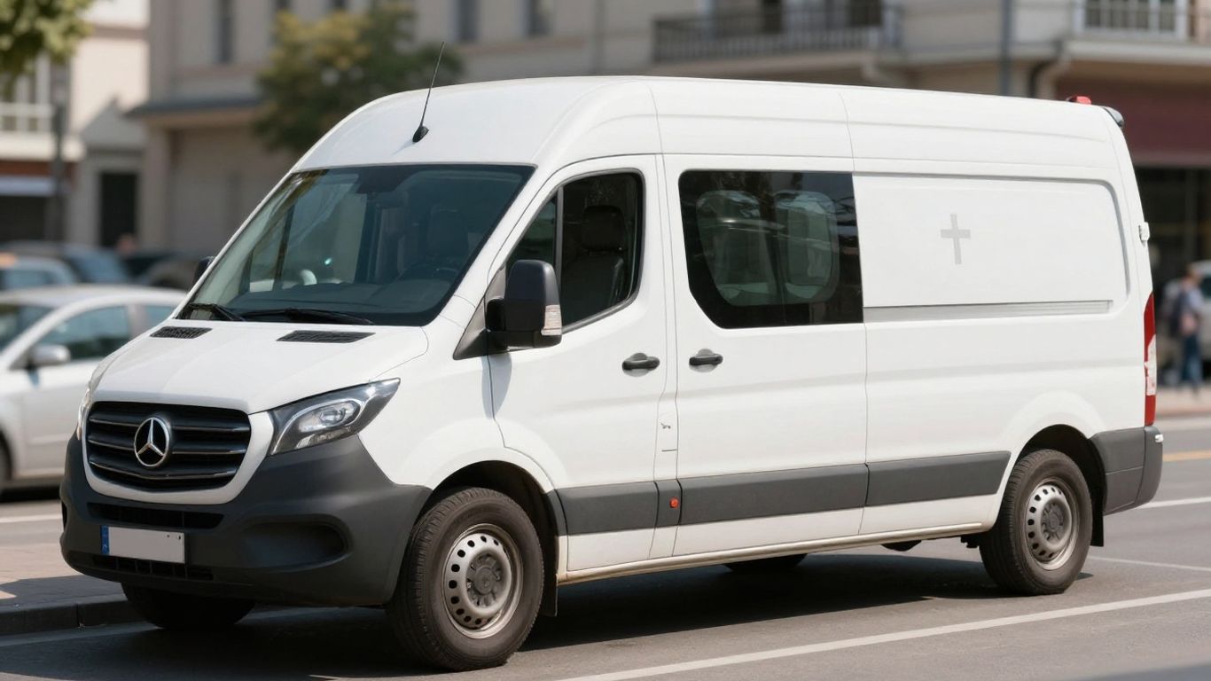 White church van parked on a street.