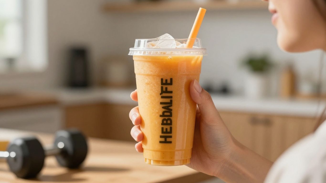 Herbalife shake and person in a wellness setting.