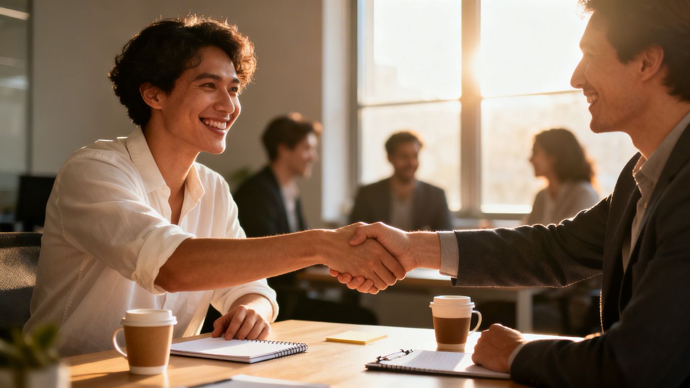 Two people shaking hands in a sunny office