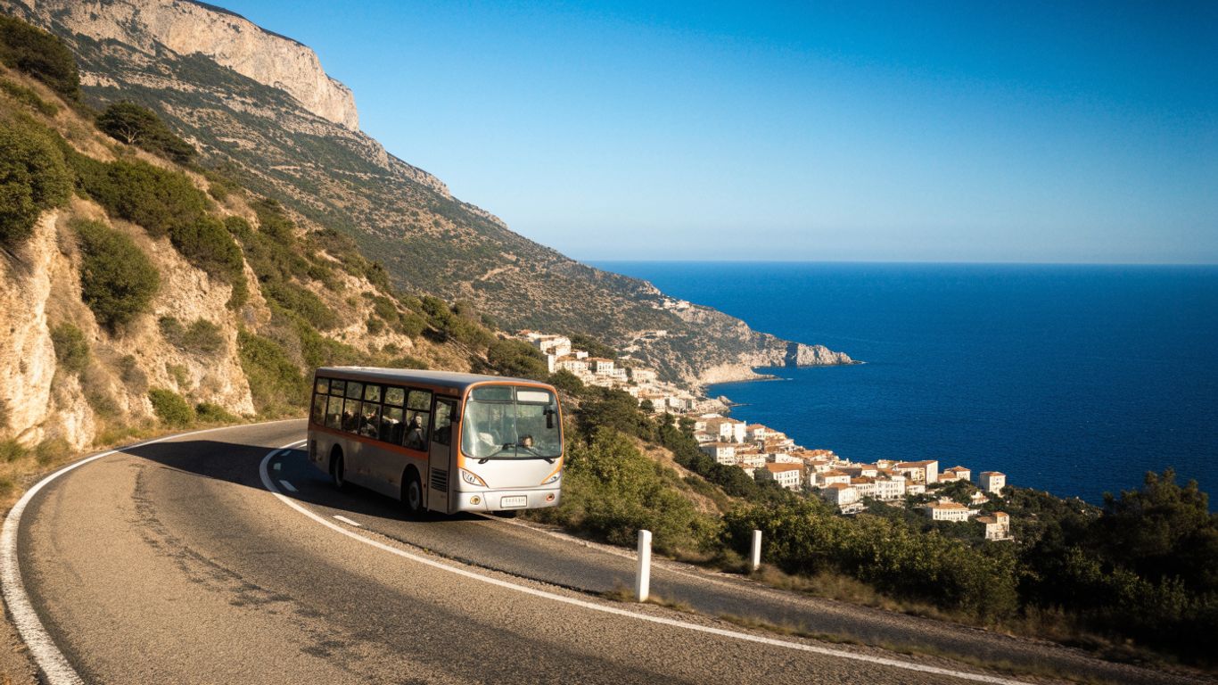 Bus winding along the Riviera hillside