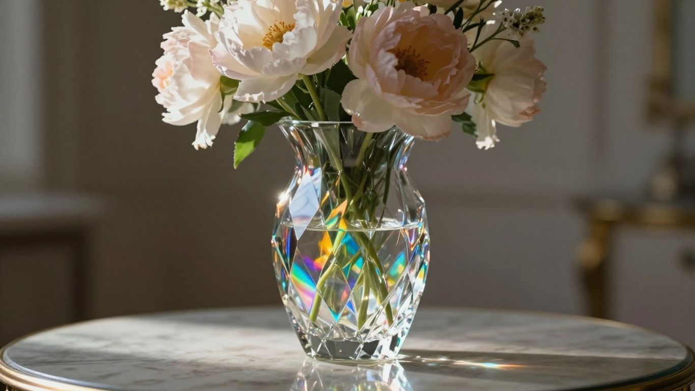 Elegant crystal vase with flowers, reflecting light.
