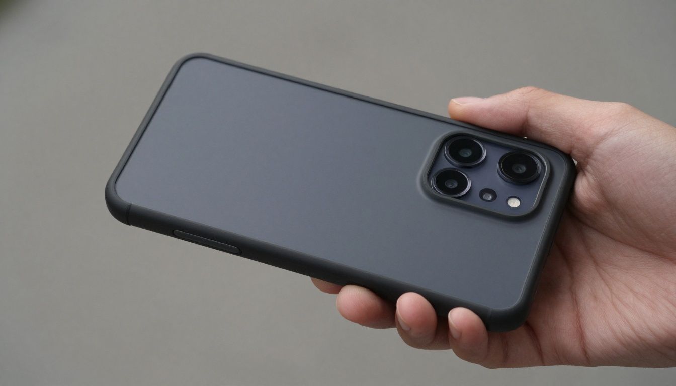 A close-up shot of a person's hands holding a Galaxy S23 Ultra in a sturdy-looking case, showing the precise cutouts for the camera lenses and charging port.
