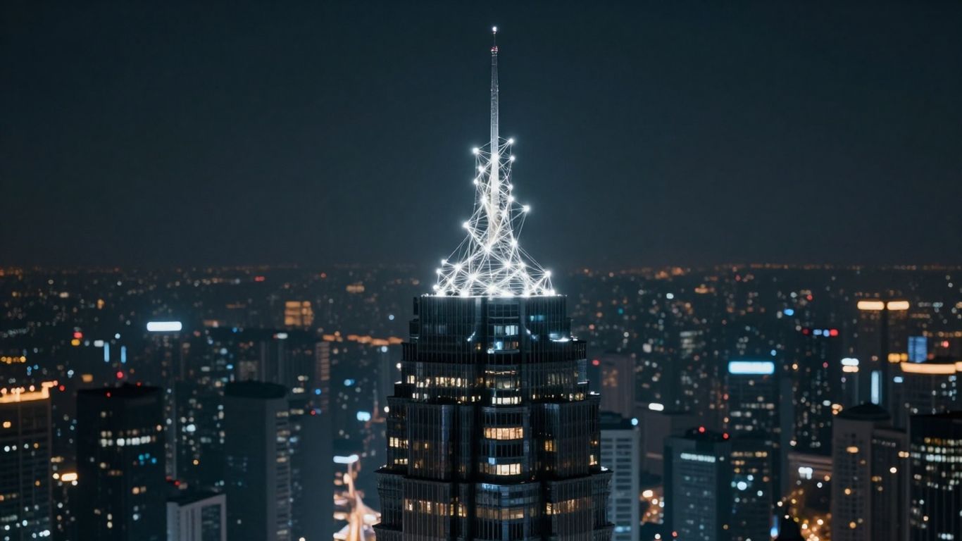 Skyscraper with glowing network, suggesting growth and advancement.